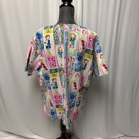 White Swan Scrub Top Womens Size XL Nurses Rule Cartoon Short Sleeve V-Neck - Picture 4 of 9